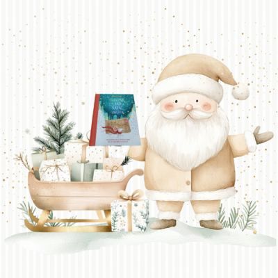 Ilustração de Pai Natal bege com livro e trenó com presentes em fundo listrado