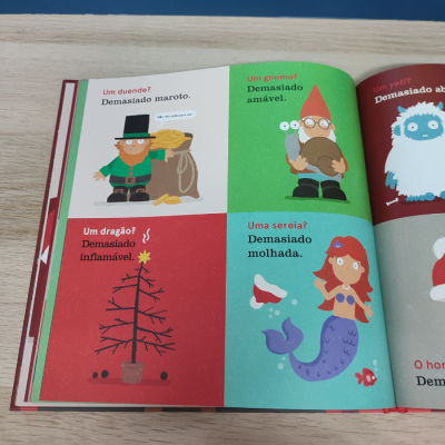 Página colorida de livro infantil com ilustrações de duende, gnomo, dragão e sereia, texto em português.