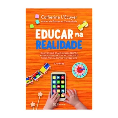Capa de livro educativo com fundo laranja, título branco e azul, mãos a segurarem telemóvel colorido e brinquedos
