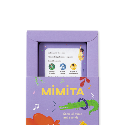 caixa de jogo MIMITA roxa com ilustrações de animais e notas musicais