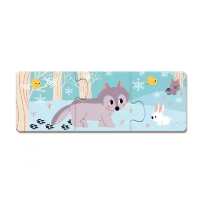 Quebra-cabeças infantil de duas peças com lobo e coelho em cenário de inverno