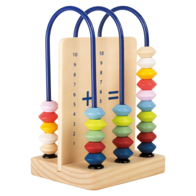 Calculadora de madeira colorida para crianças com contas e estrutura azul
