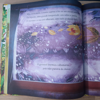 Página ilustrada de livro infantil com girassol e texto em português