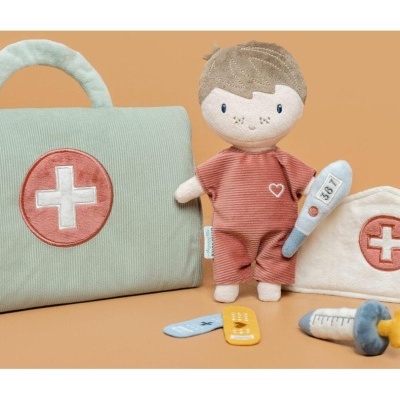 Conjunto de brinquedos médico com mala, boneca e acessórios em tecido