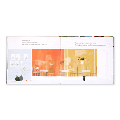 Livro aberto com ilustração de café e texto em português