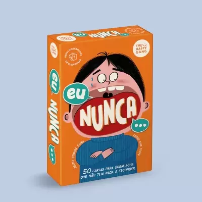Caixa laranja de jogo de cartas com ilustração e texto 'eu NUNCA'.