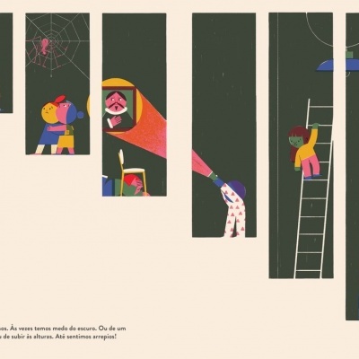 Ilustrações de crianças em cenários escuros em faixas verticais com texto explicativo sobre medo do escuro.