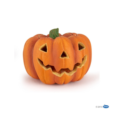 Abóbora decorativa laranja com rosto sorridente e caule verde