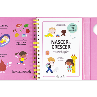 Livro infantil colorido 'Nascer e Crescer' com capa e páginas visíveis, encadernado com espiral dourada e capa rosa clara.