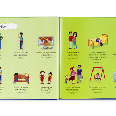 Livro infantil aberto com ilustrações de crianças e texto em espanhol sobre fundo verde claro.