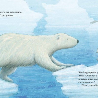 Ilustração de um urso polar adulto e um urso polar bebé em blocos de gelo no mar azul
