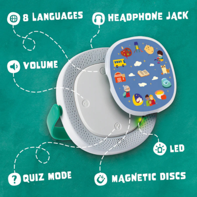 Dispositivo eletrônico branco e cinza para crianças com ilustrações coloridas e texto em inglês indicando funcionalidades.