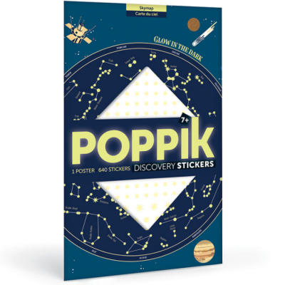 Kit de autocolantes Poppik com temática de constelações e espaço em azul escuro e amarelo.