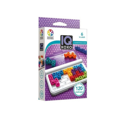 Caixa do jogo de puzzle IQ XOXO com peças coloridas em plástico e instruções no pacote