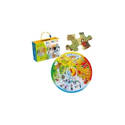 Quebra-cabeças XXL redondo colorido com embalagem azul e amarela