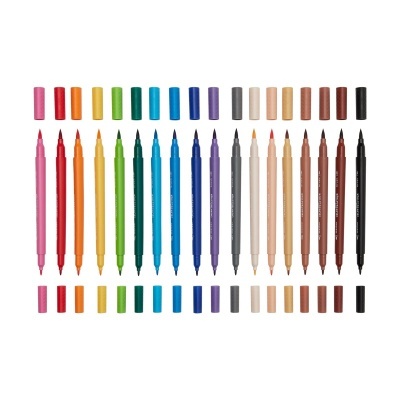 Conjunto de 24 marcadores duplos coloridos com tampas em várias cores dispostos em duas filas