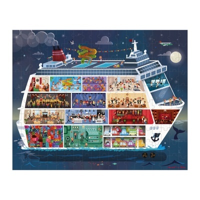 Ilustração colorida de navio de cruzeiro com várias cenas dentro, puzzle montado.
