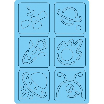 Molde azul com seis desenhos espaciais para artesanato