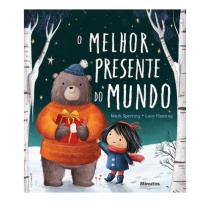 Capa de livro infantil com urso e menina no inverno e título em branco