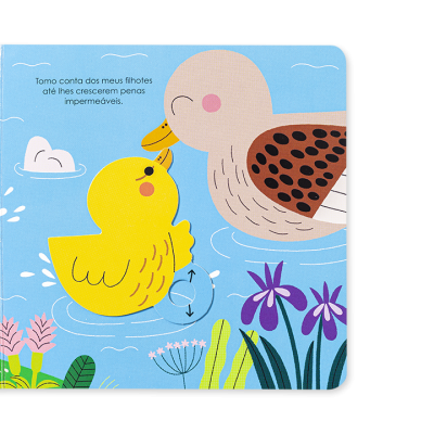 Livro infantil com ilustração de pato e pata em fundo azul e texto em português