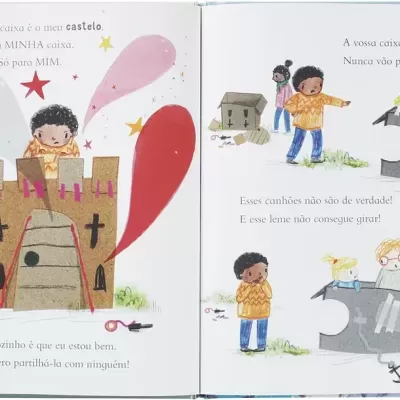 Página de livro infantil com crianças e castelo de cartão desenhados e texto em português.