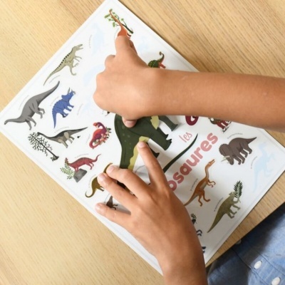 Livro infantil colorido com figuras de dinossauros e texto 'les dinosaures'