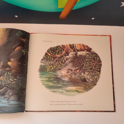 Página aberta de um livro infantil com ilustração de pato e texto em português