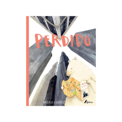 Capa de livro com urso e mapa em fundo de edifícios altos