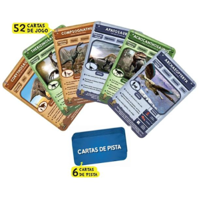 Cartas de jogo de dinossauros coloridas e cartas azuis 'Cartas de Pista'