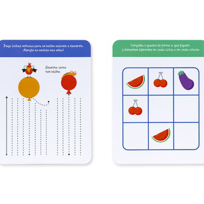 Dois cartões educativos com atividades, um com linhas tracejadas para desenho e outro com jogo de frutas e legumes em formato sudoku