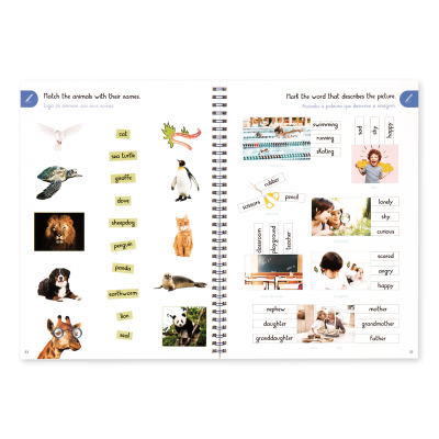 Página dupla de livro educativo com imagens de animais e pessoas, palavras para associação