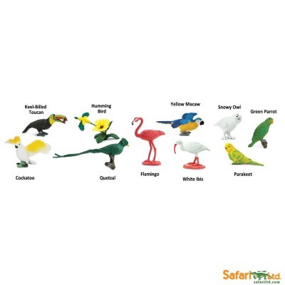 Figuras coloridas de diversas aves da Safari Ltd sobre fundo branco