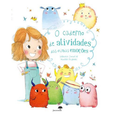 Capa de livro infantil com menina e criaturas animadas coloridas