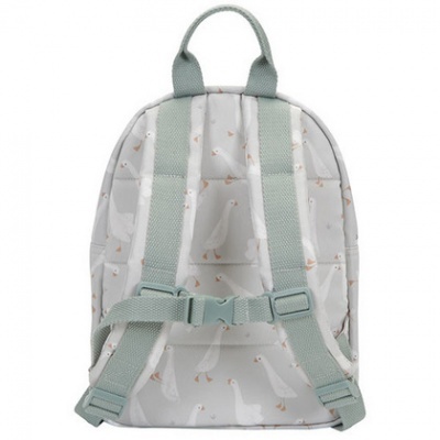 mochila infantil com padrão de patos, alças cinza esverdeadas