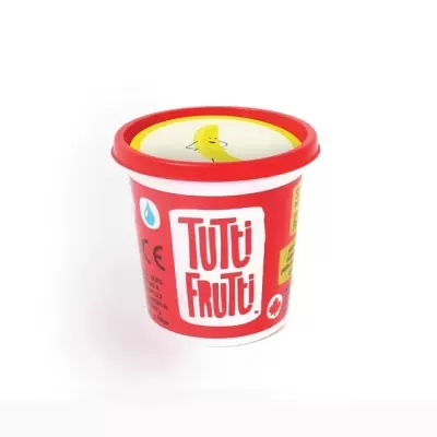 Embalagem vermelha com tampa com texto Tutti Fruti e ilustração de banana