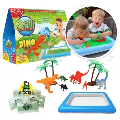 Conjunto para fazer gelatina com dinossauros, incluindo moldes de dinossauros, palmeiras, saquetas de gelatina verde e bandeja inflável azul e branca