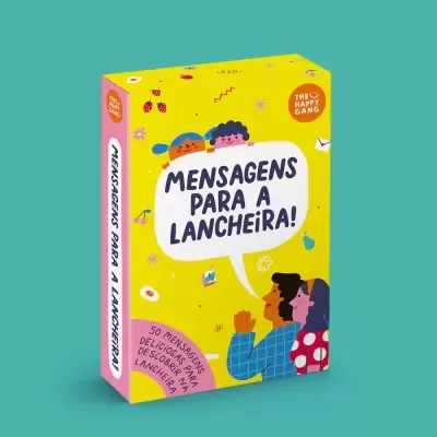 Caixa amarela e rosa do produto Mensagens para a Lancheira com ilustrações de crianças e adultos