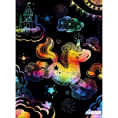 Ilustração colorida de unicórnio e elementos fantásticos em fundo preto.