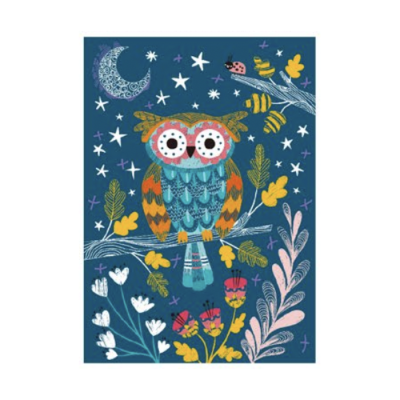 Ilustração de coruja colorida num ramo com flores e estrelas sobre fundo azul escuro