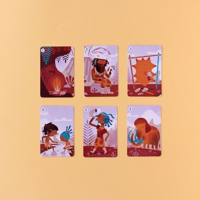 Seis cartas coloridas com ilustrações pré-históricas numeradas