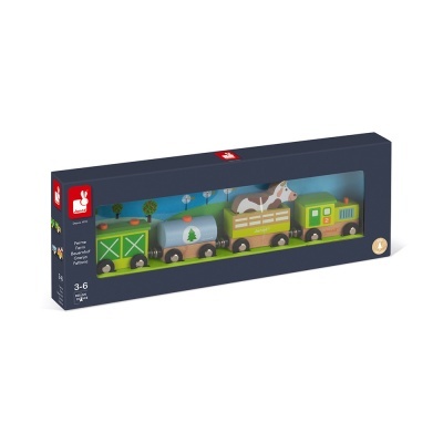 Conjunto de comboio de madeira colorido para crianças na embalagem azul