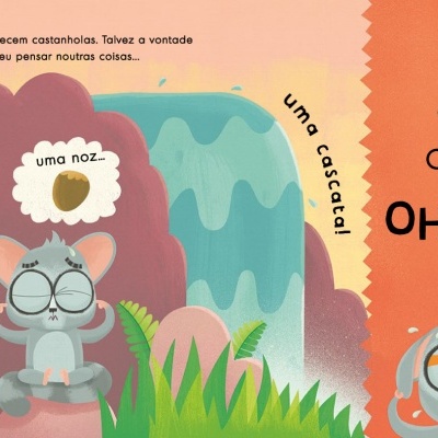 Ilustração de rato cinza com óculos, vegetação e texto em português