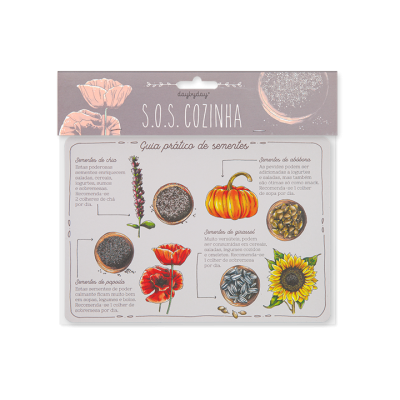 Embalagem de guia prático de sementes com ilustrações e texto em português