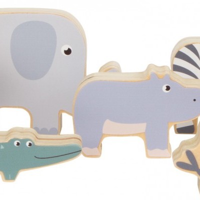 Figuras de madeira de animais: leopardo, elefante, hipopótamo, crocodilo, zebra e leão.