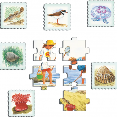 Peças de puzzle com ilustrações de crianças na praia e criaturas marinhas