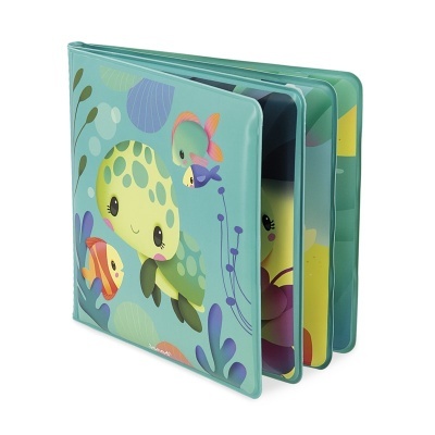 Livro infantil impermeável com desenho de tartaruga e peixes coloridos