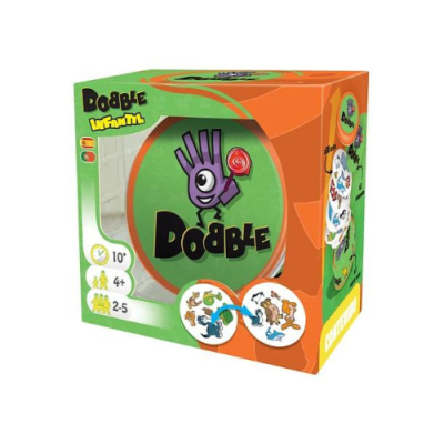 Caixa do jogo Dobble Infantil com mão roxa e pirulito, verde e laranja.