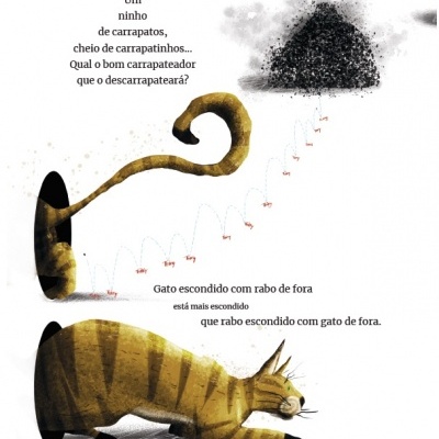 Ilustração de gato amarelo rajado e ninho de carrapatos com texto em português.