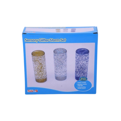 Conjunto de três cilindros sensoriais com glitter nas cores dourado, prateado e azul numa caixa azul.