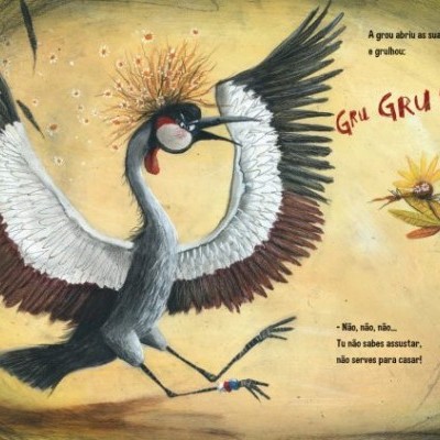 Ilustração de uma grua com asas abertas e texto em português